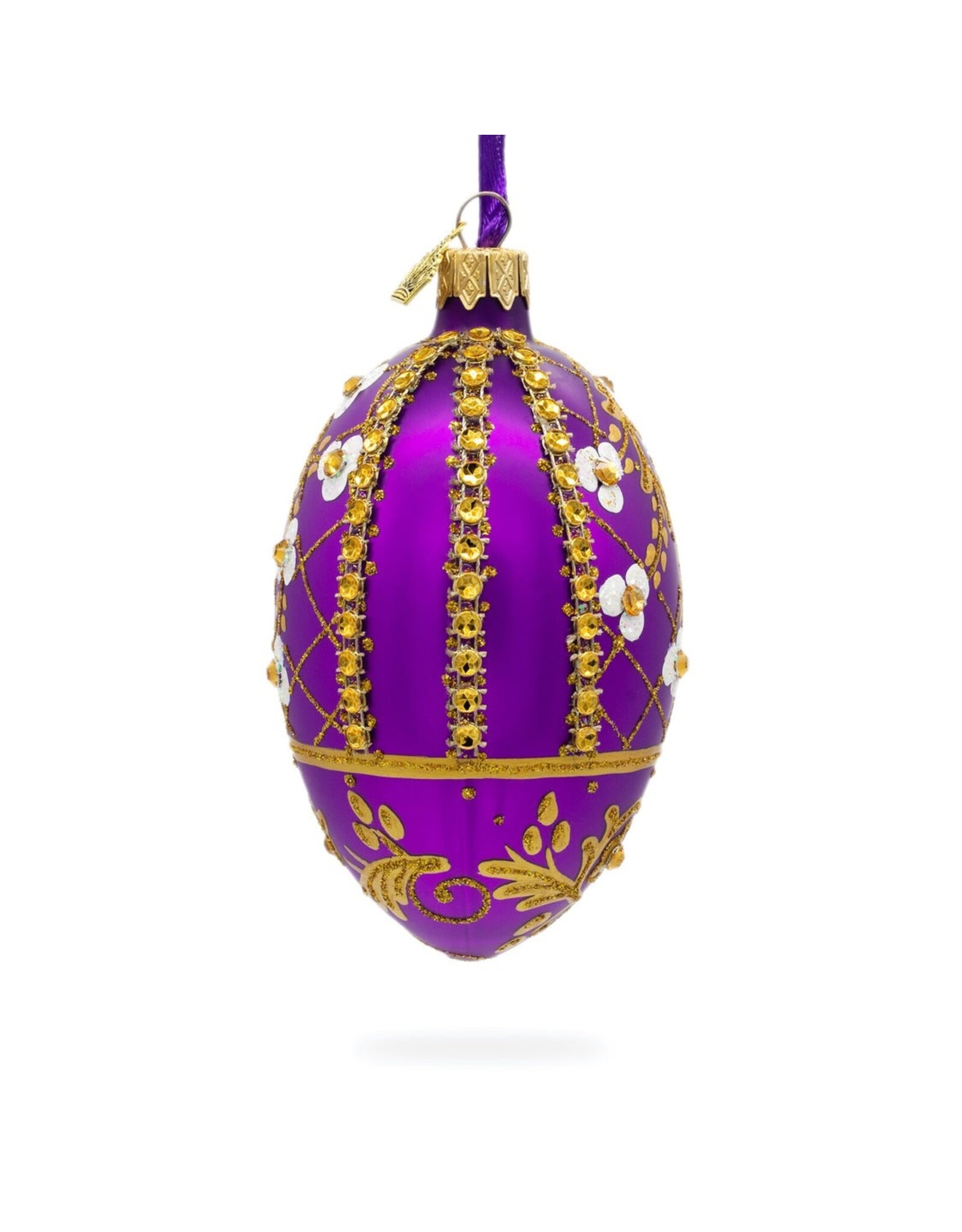 White Flowers on  Purple Lattice Glass Egg Ornament