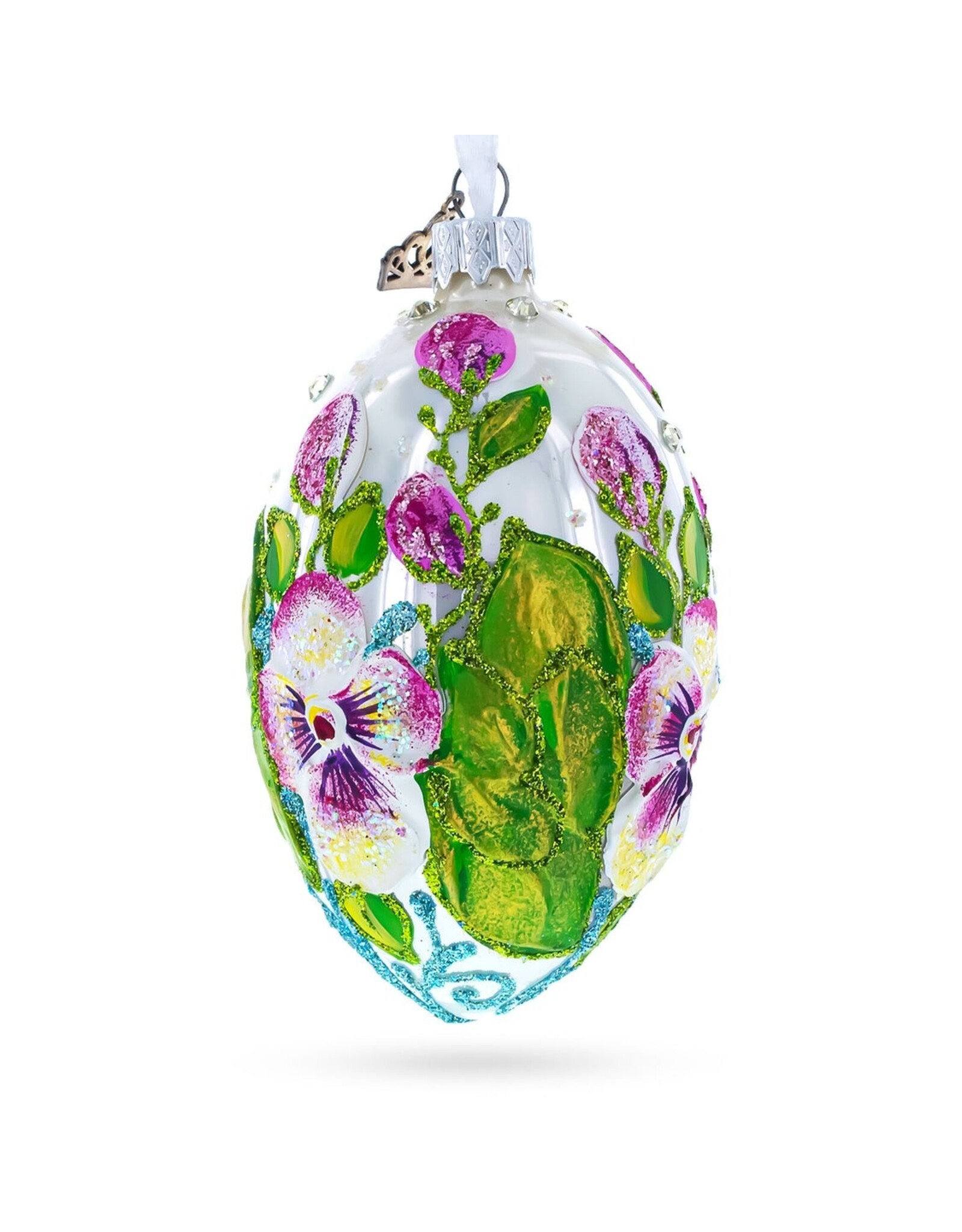Flowers on White Glass Egg Ornament