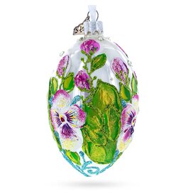 Flowers on White Glass Egg Ornament