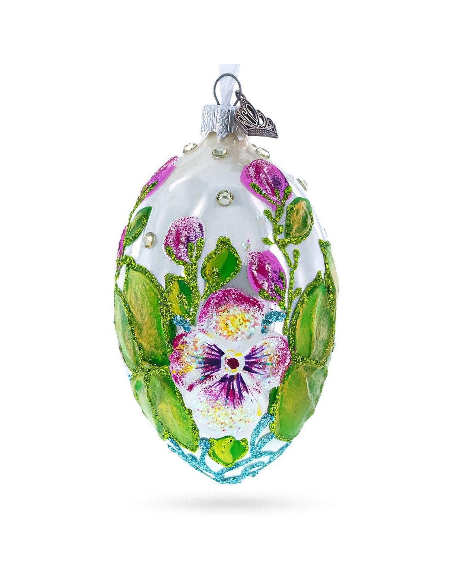 Flowers on White Glass Egg Ornament