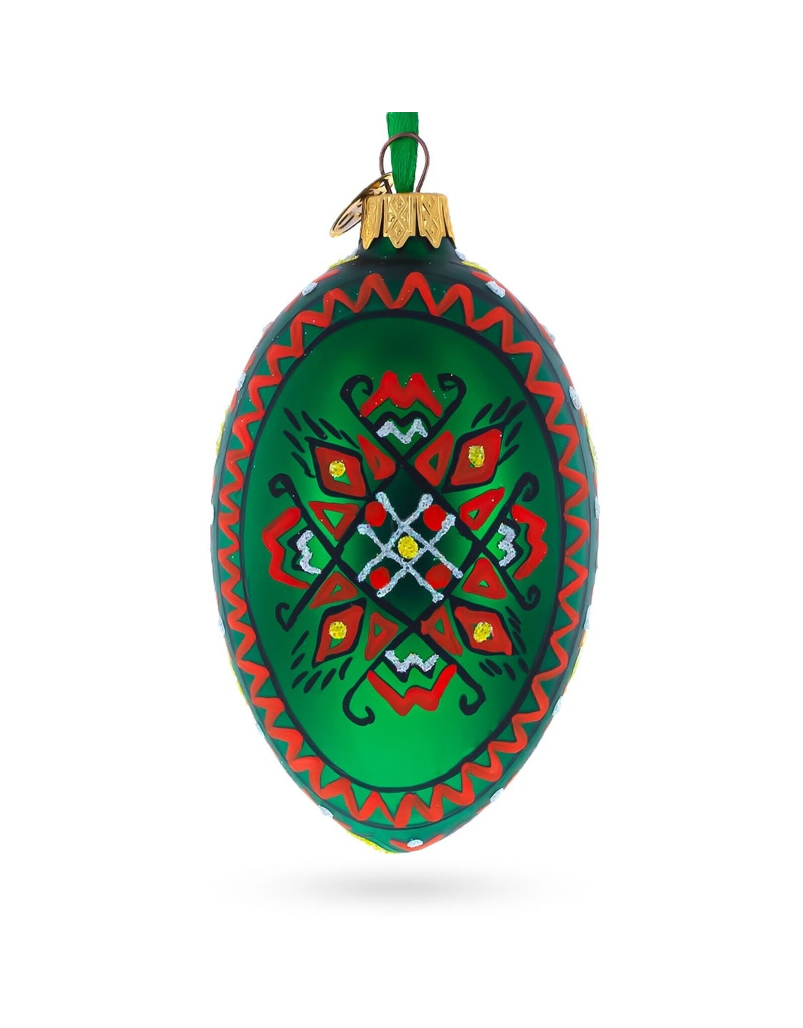 Green Folk Pattern Glass Egg Ornament