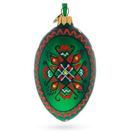 Green Folk Pattern Glass Egg Ornament