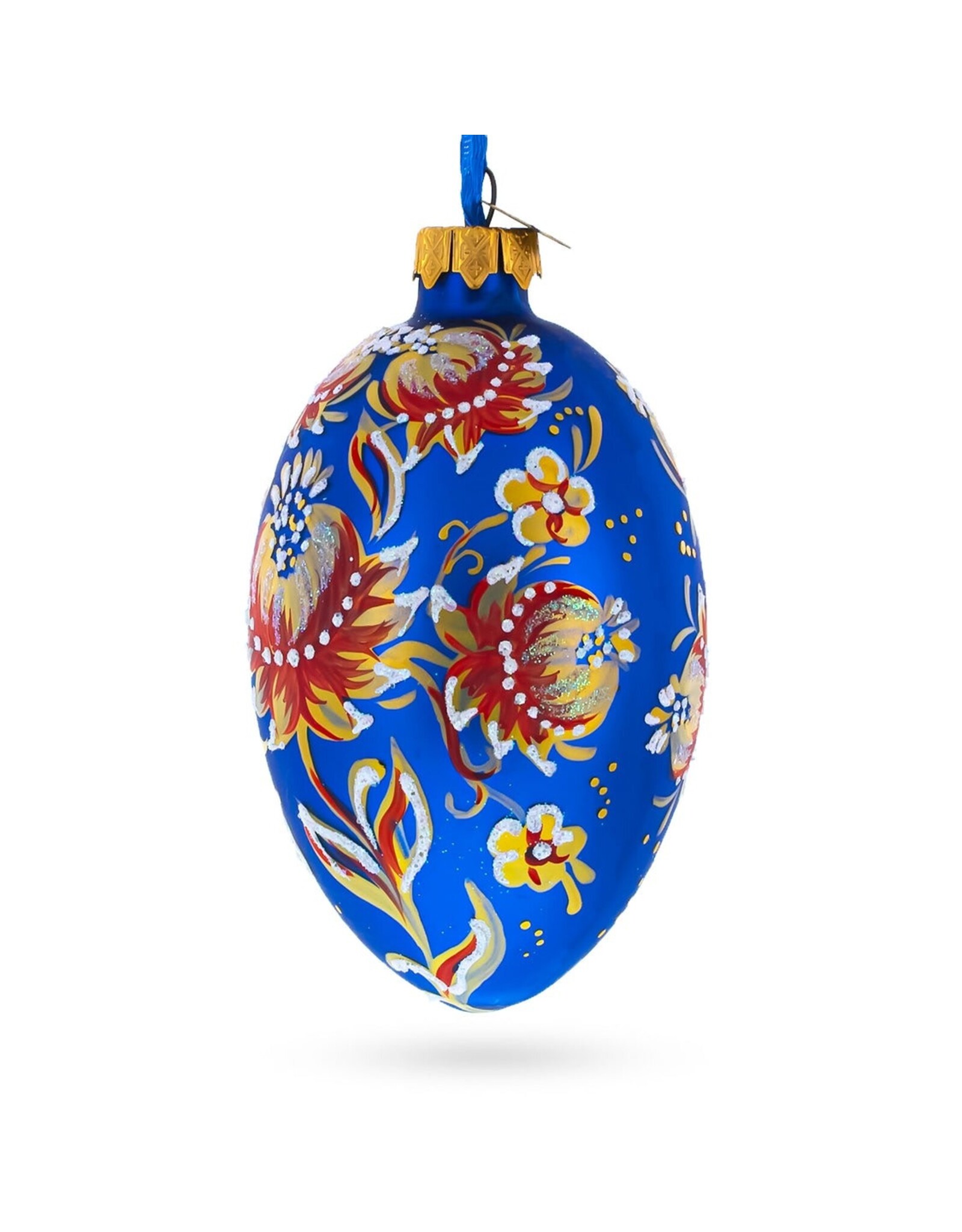 Golden Blue Floral Glass Egg Ornament