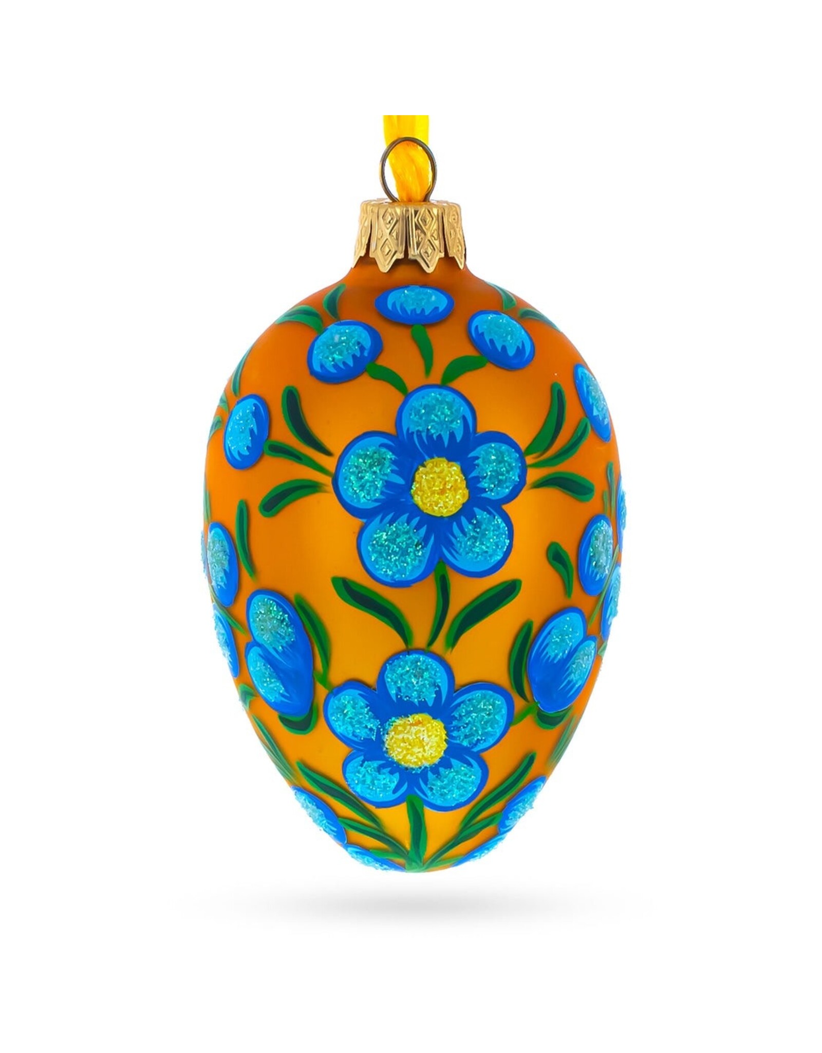 Blue Flowers on Orange Glass Egg Ornament
