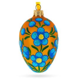 Blue Flowers on Orange Glass Egg Ornament