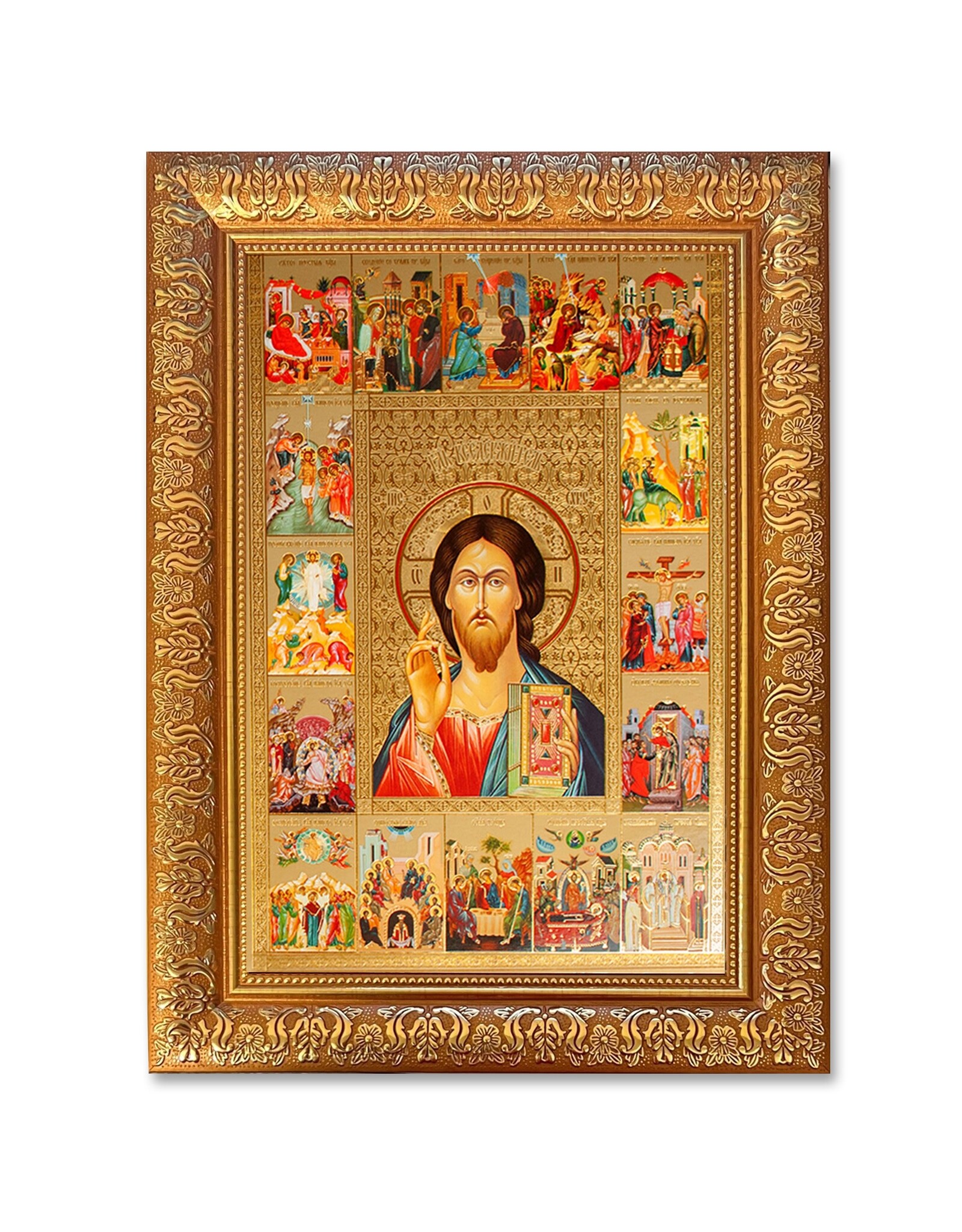 Christ The Teacher Icon Feast Days Gold Embossed and Silver Foiled in Gold Frame
