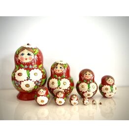 Hand-Painted Red Matryoshka w/ Daisies 10 Piece