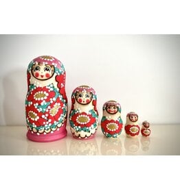Magenta and Pink Flowers Burned Wood Nesting Doll, 5 piece