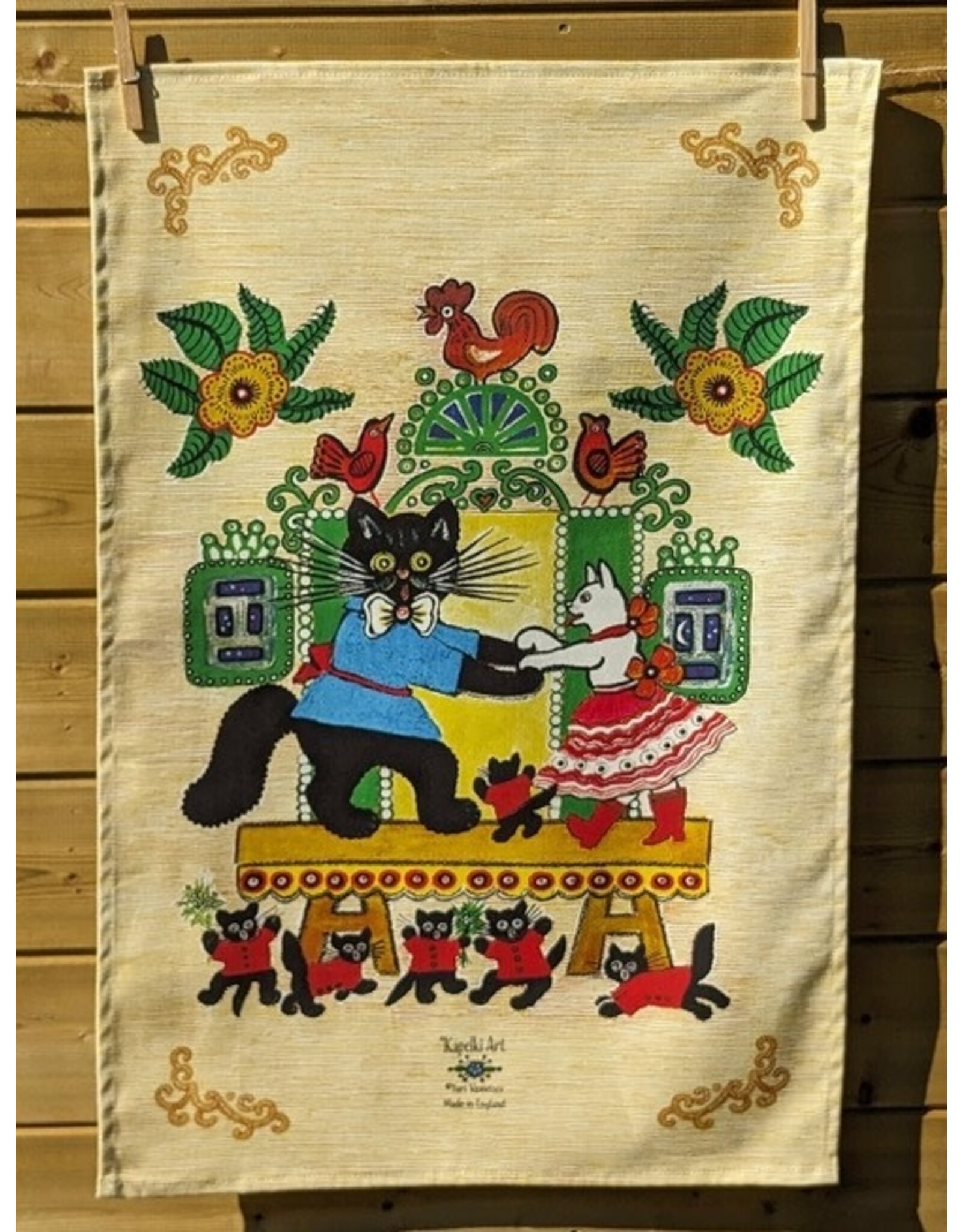 Folk Art Dancing Cats Organic Cotton Tea Towel