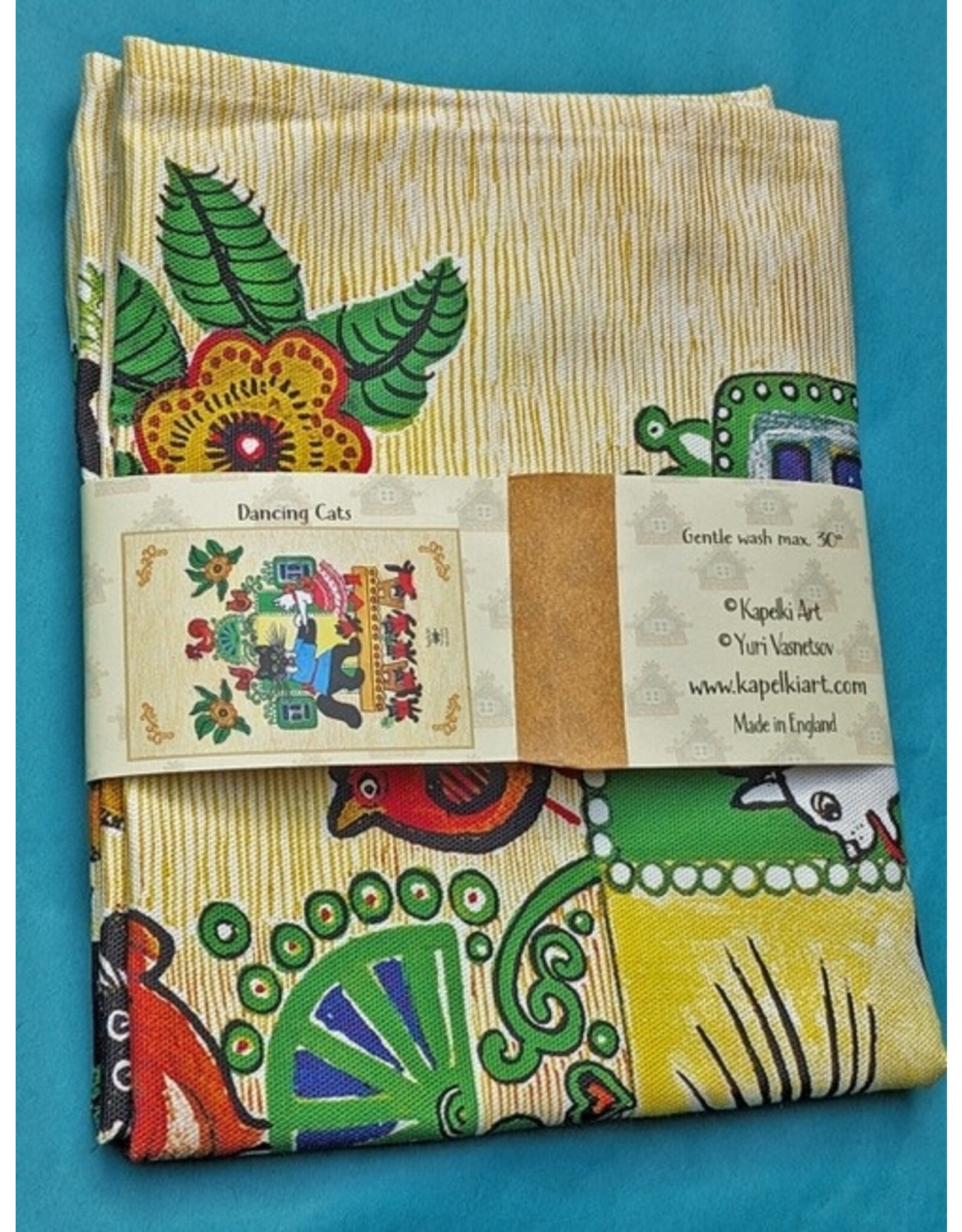 Folk Art Dancing Cats Organic Cotton Tea Towel