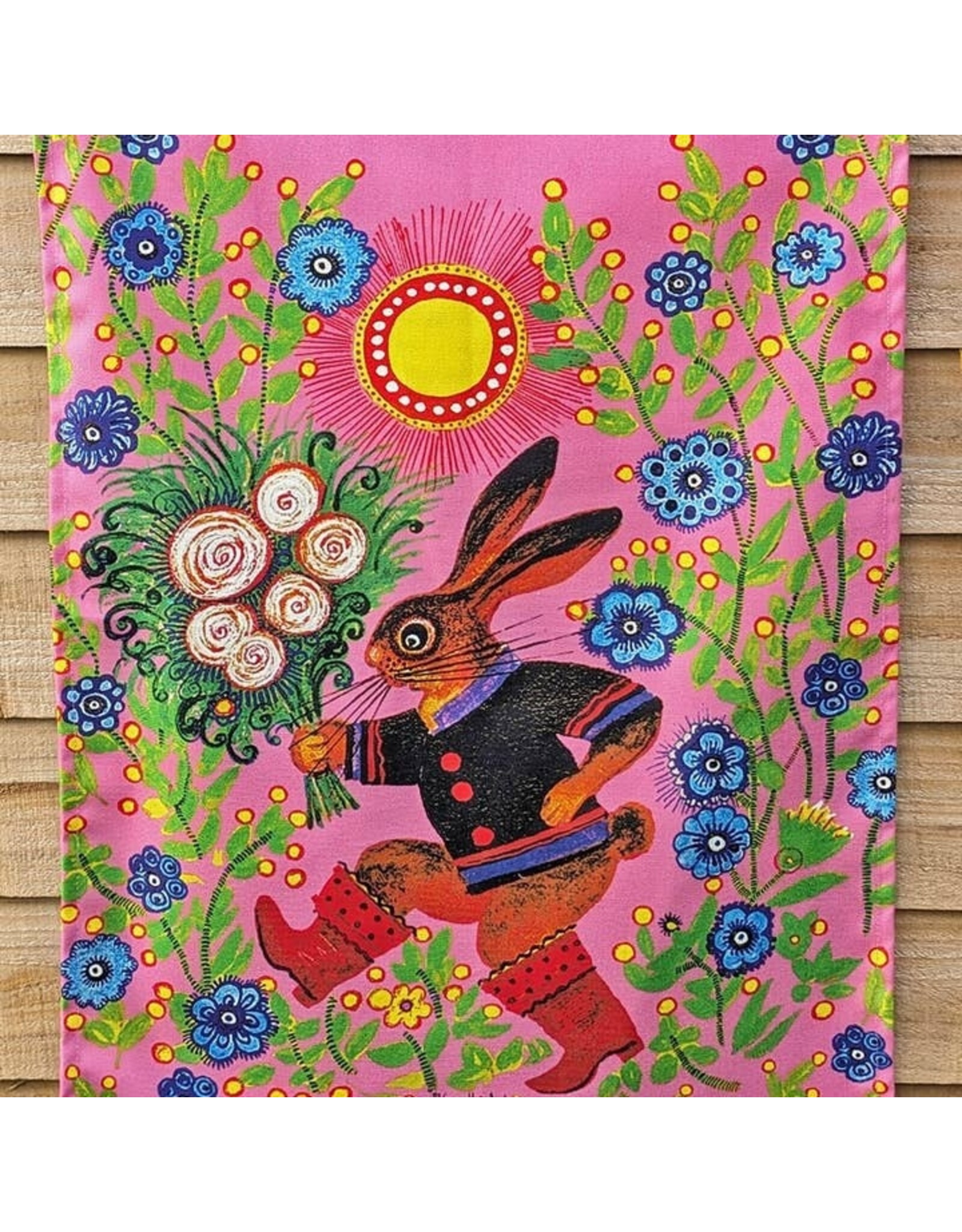 Folk Art Bunny with Bouquet Organic Cotton Tea Towel