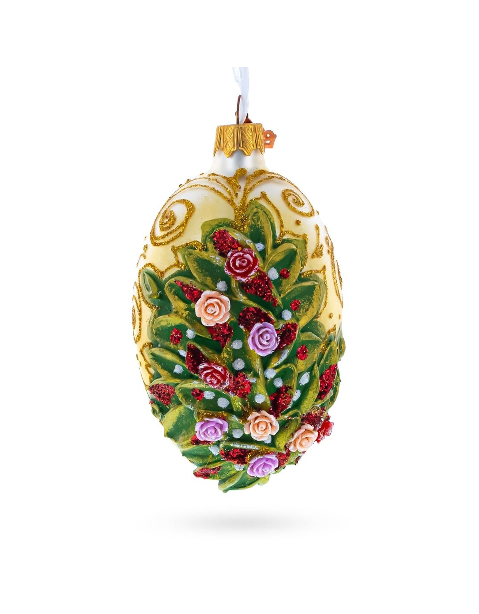 Embossed Rose Bouquet Glass Egg Ornament