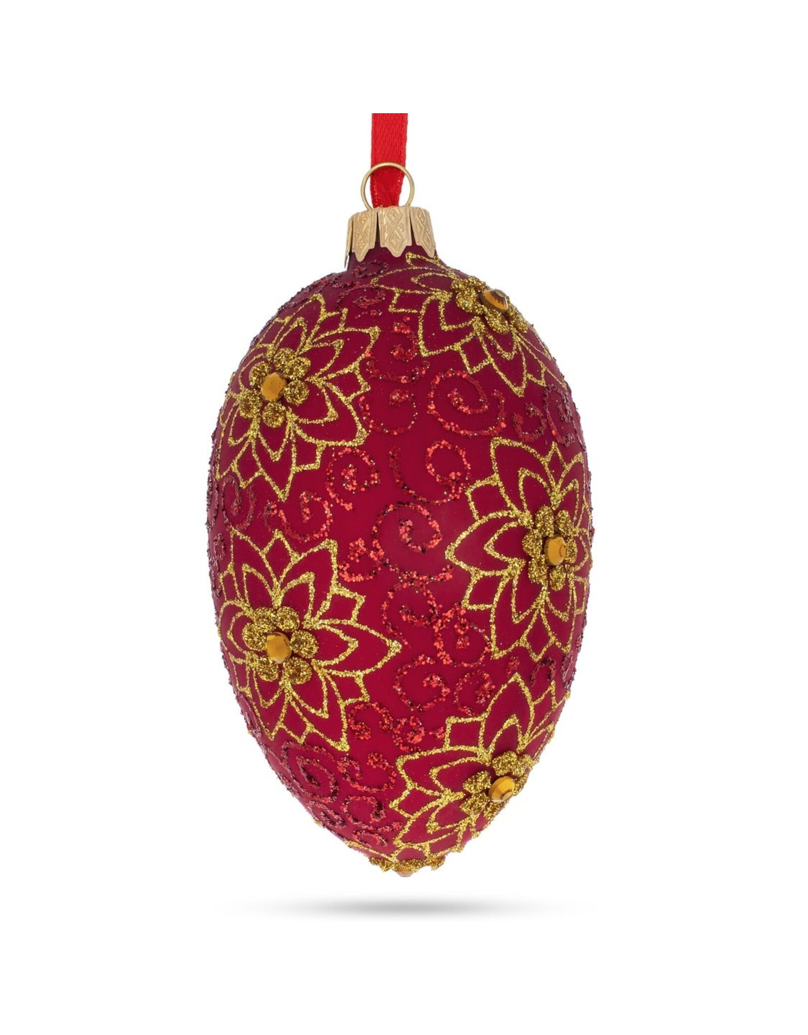 Golden Flower on Red Glass Egg Ornament