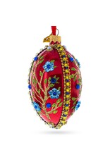 Blue Bejeweled Flowers on Red Glass Egg Ornament