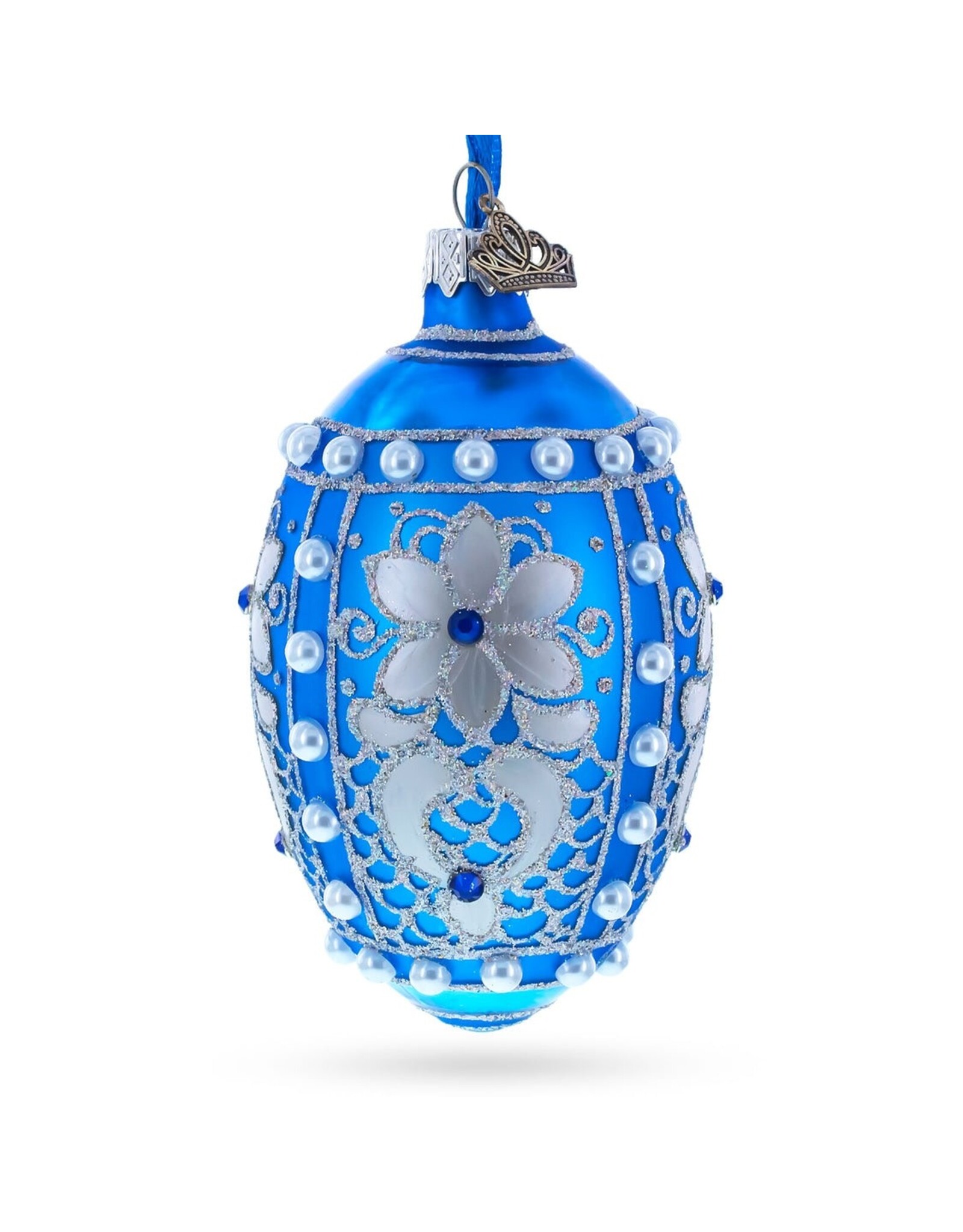 Pearls on Blue Glass Egg Ornament