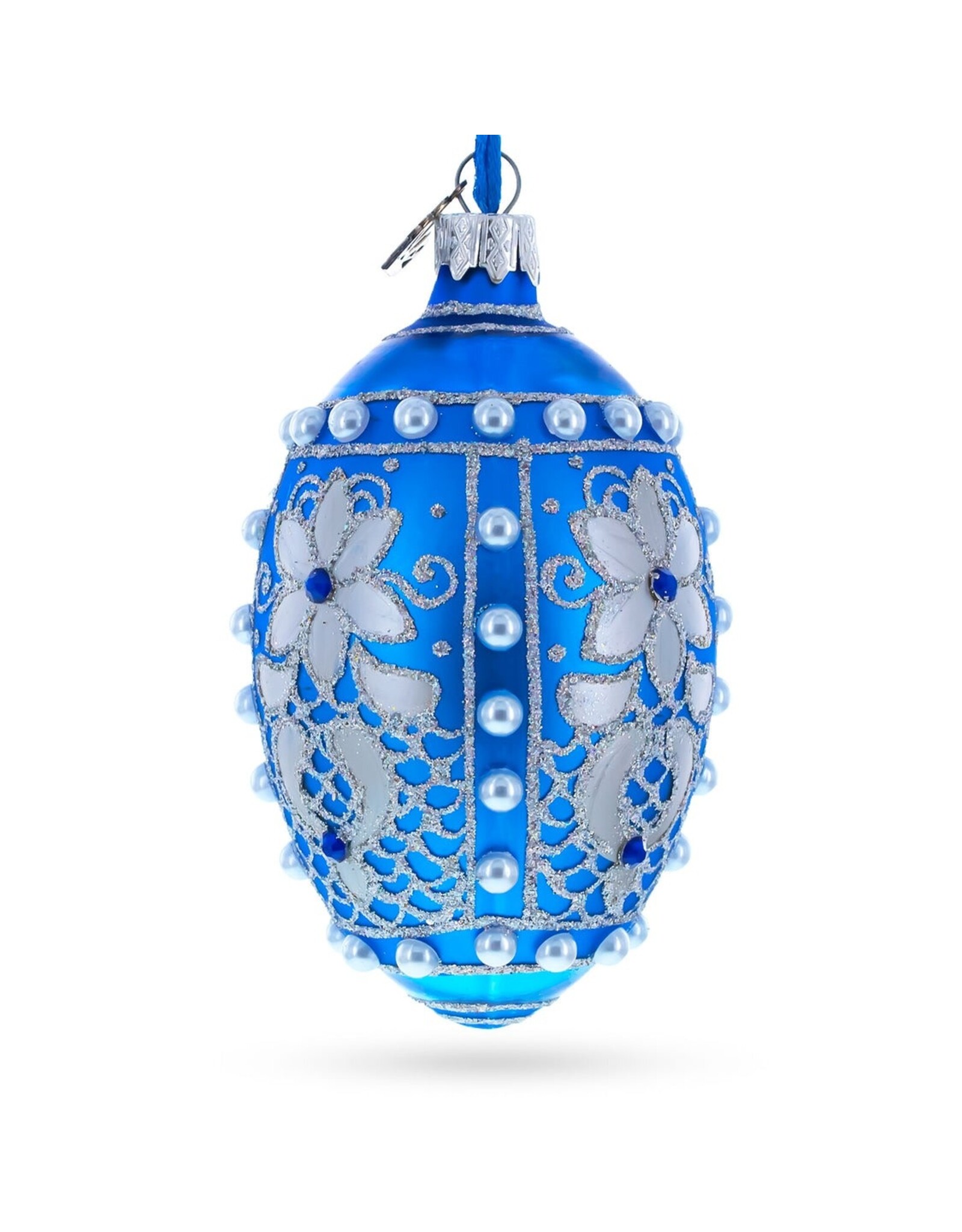 Pearls on Blue Glass Egg Ornament