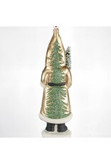 Gold Santa with Green Tree Polish Glass Ornament