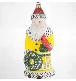 Santa in Yellow with Cardinal Polish Glass Ornament