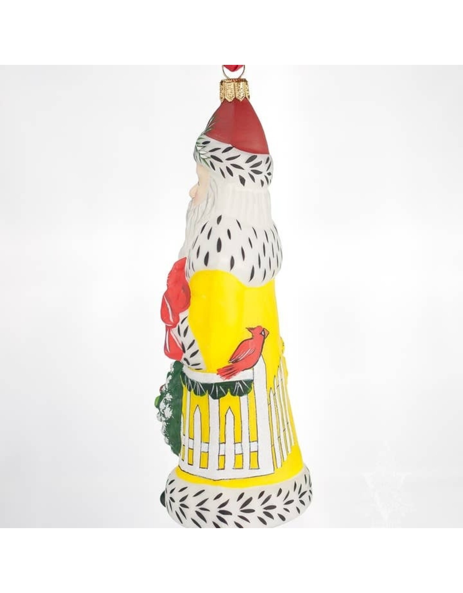 Santa in Yellow with Cardinal Polish Glass Ornament