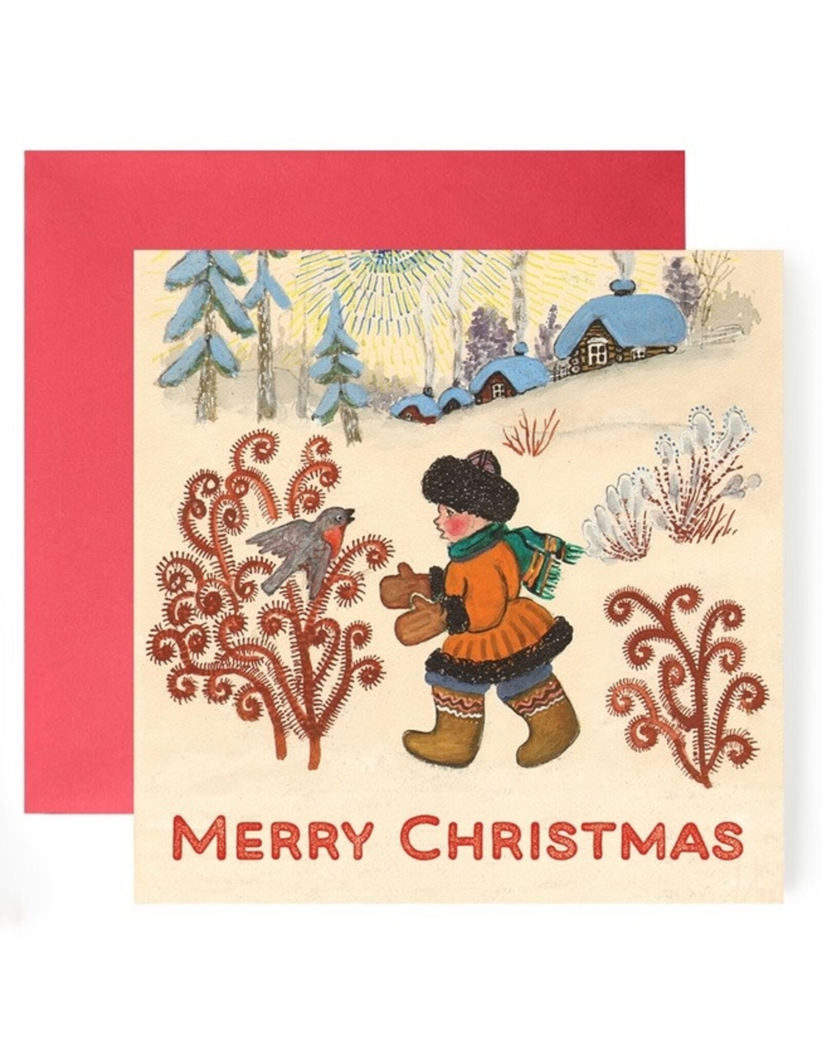 Merry Christmas Greeting Card Little Boy in Mittens