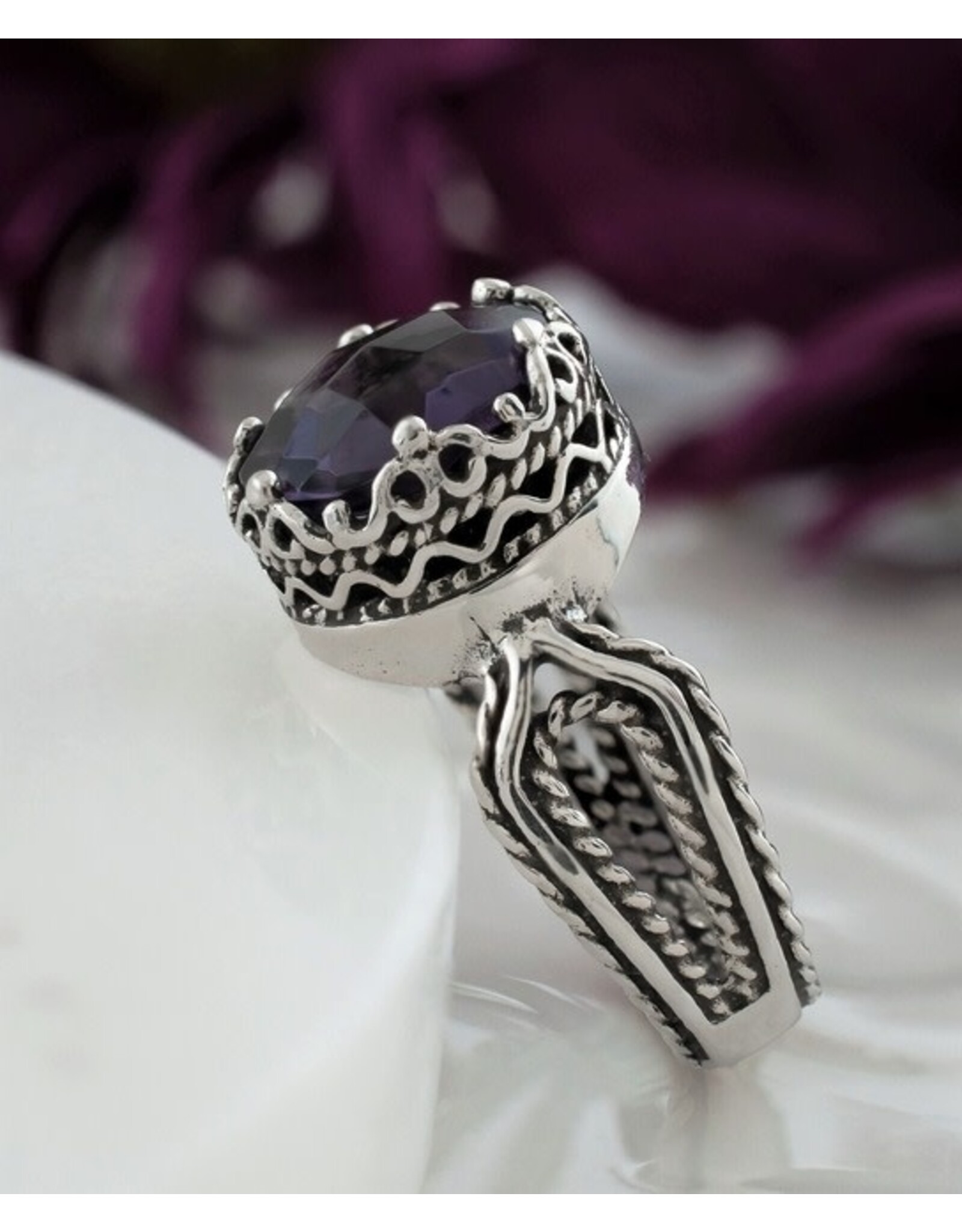 Amethyst Sterling Silver Filigree Ring  Size 8