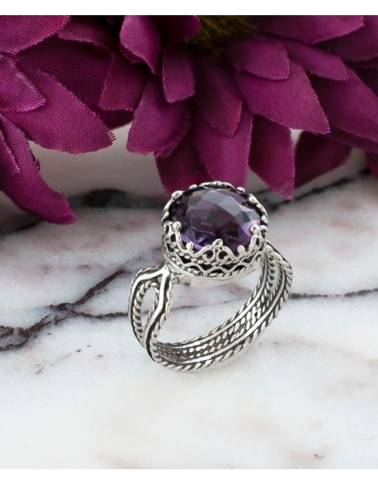 Amethyst Sterling Silver Filigree Ring  Size 8