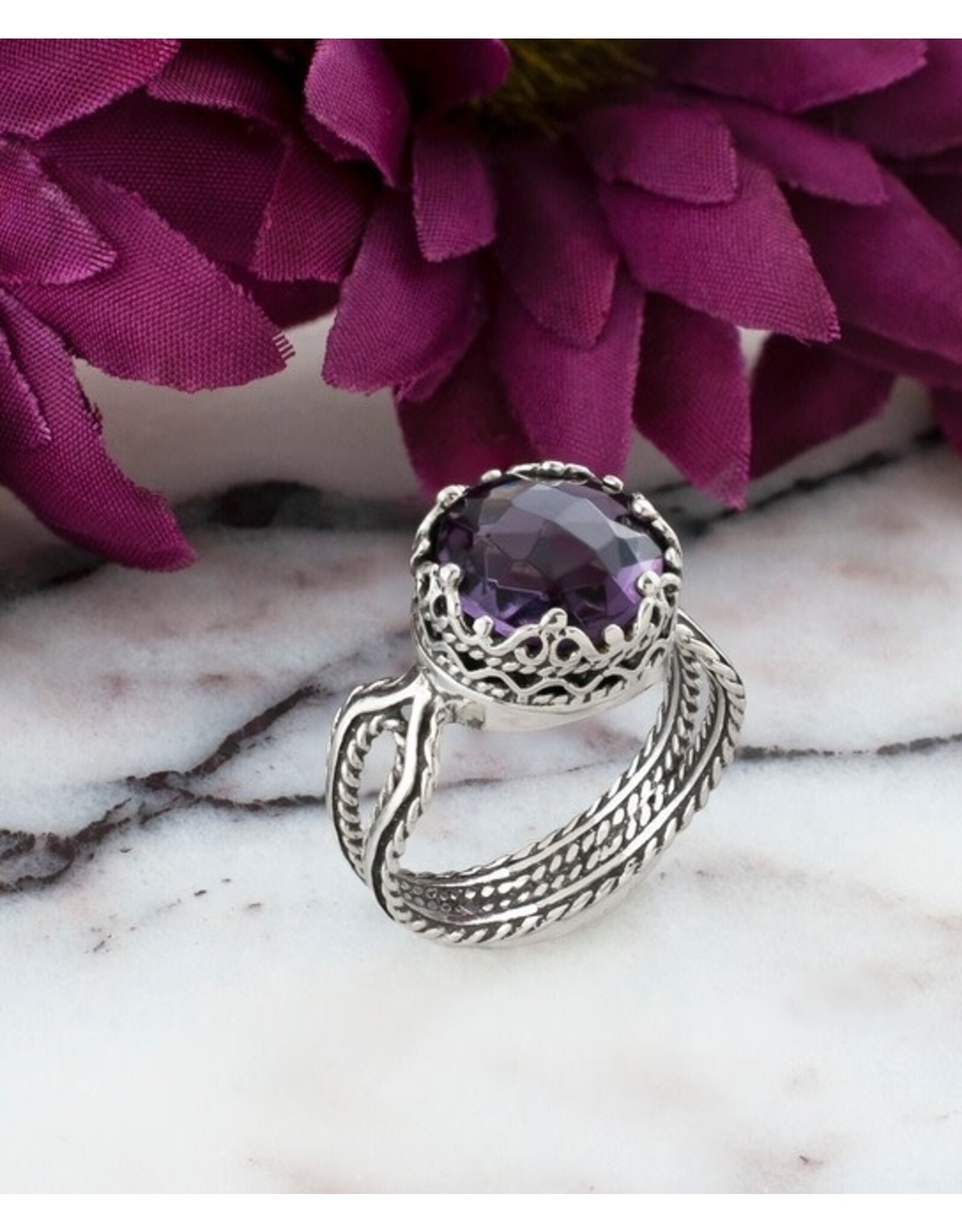 Amethyst Sterling Silver Filigree Ring  Size 9