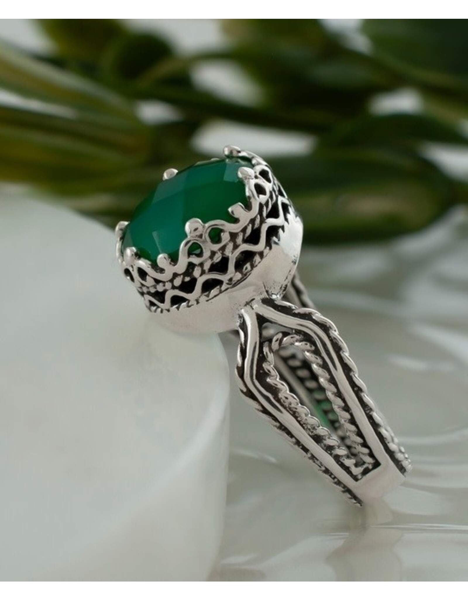 Green Agate Sterling Silver Filigree Ring  Size 7