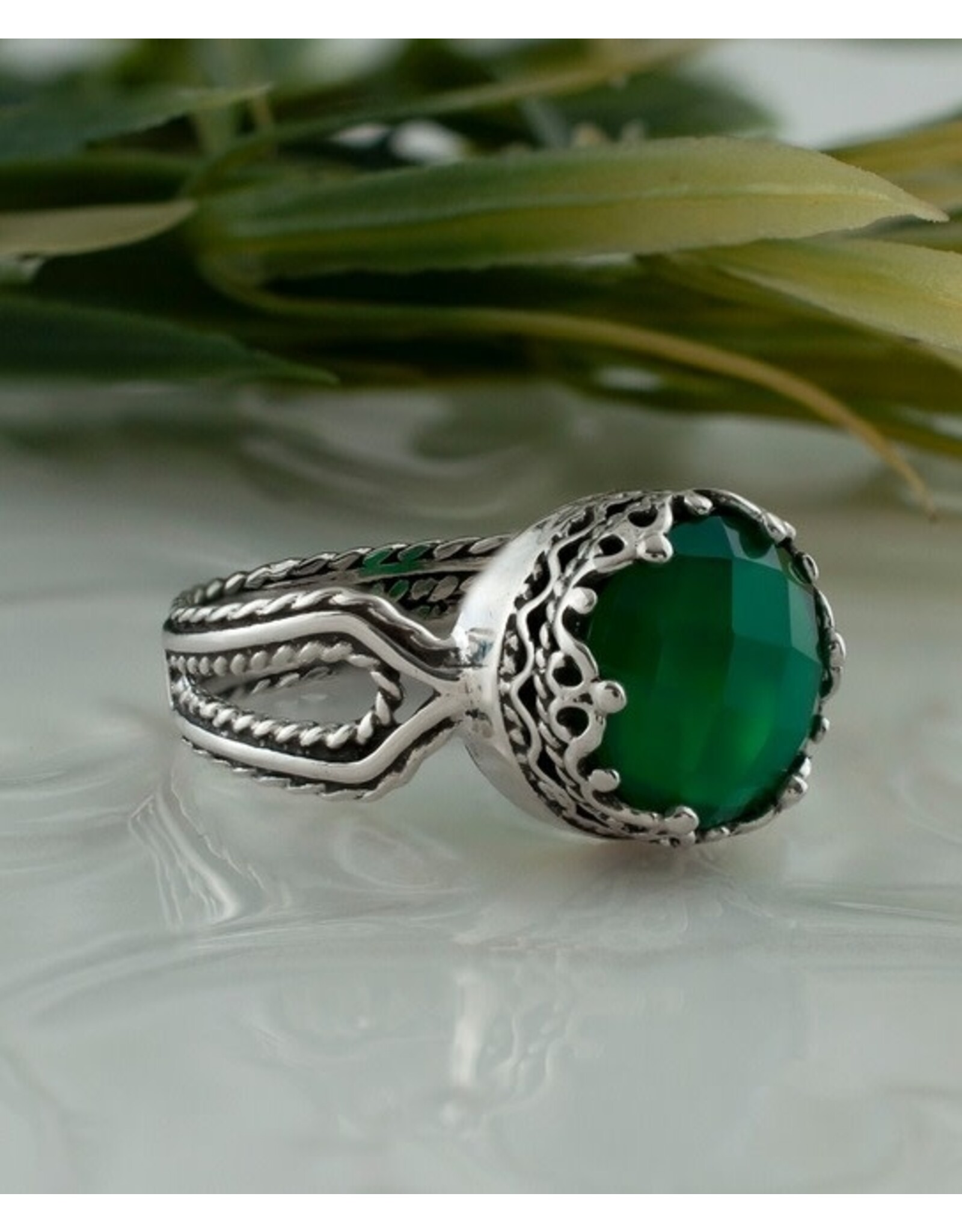 Green Agate Sterling Silver Filigree Ring Size 9