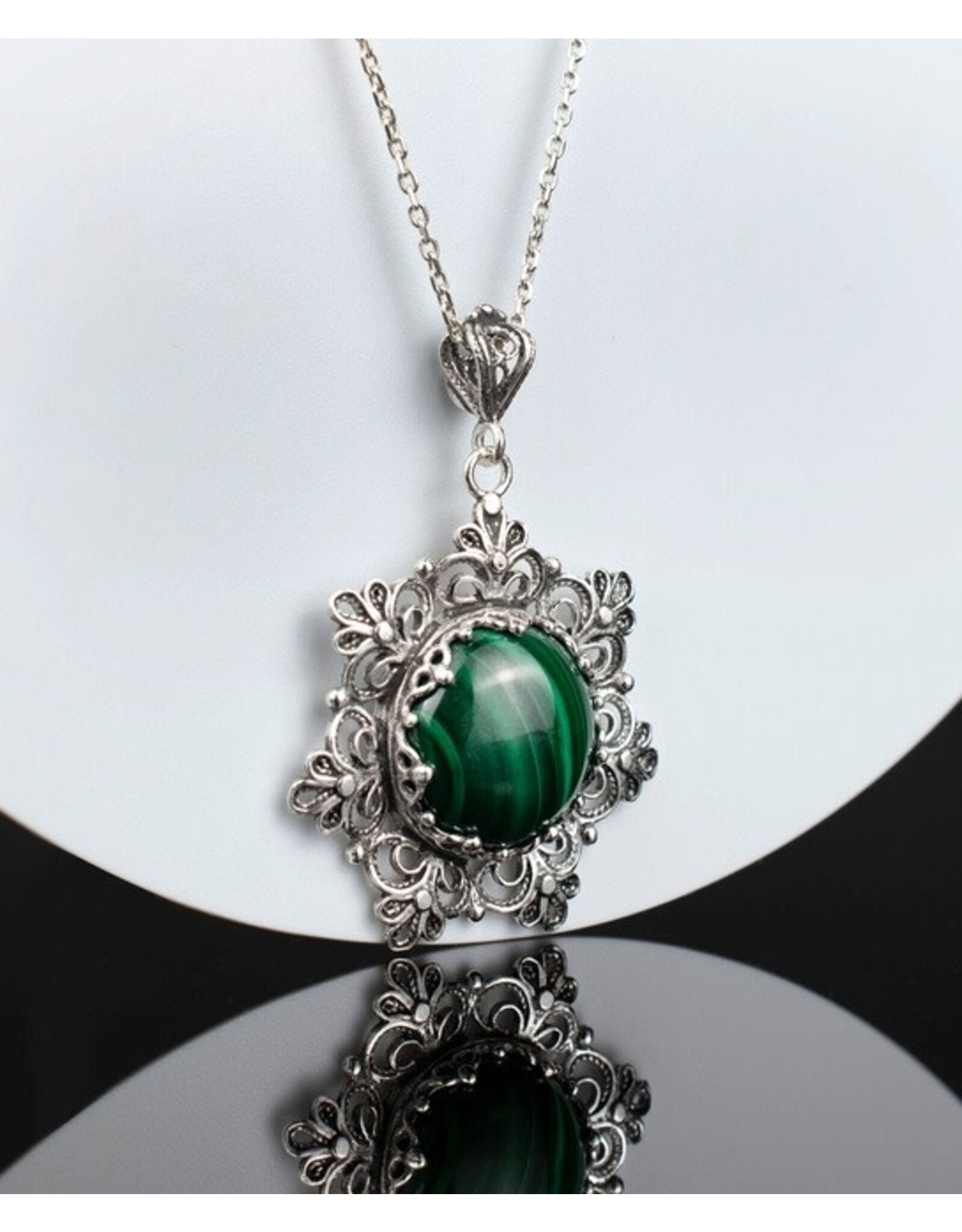 Malachite Filigree Sterling Silver Pendant Necklace