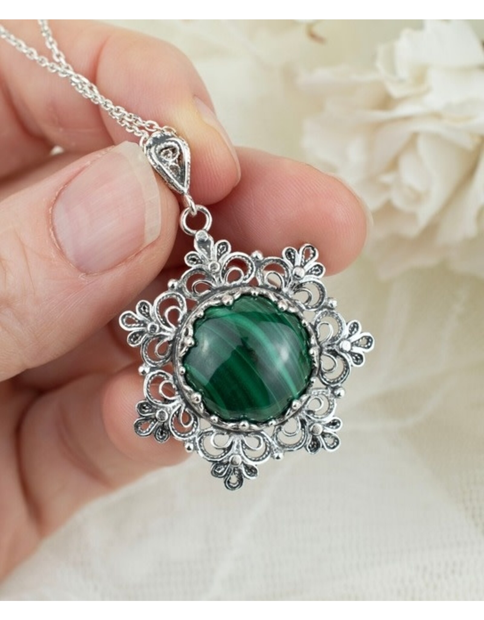 Malachite Filigree Sterling Silver Pendant Necklace