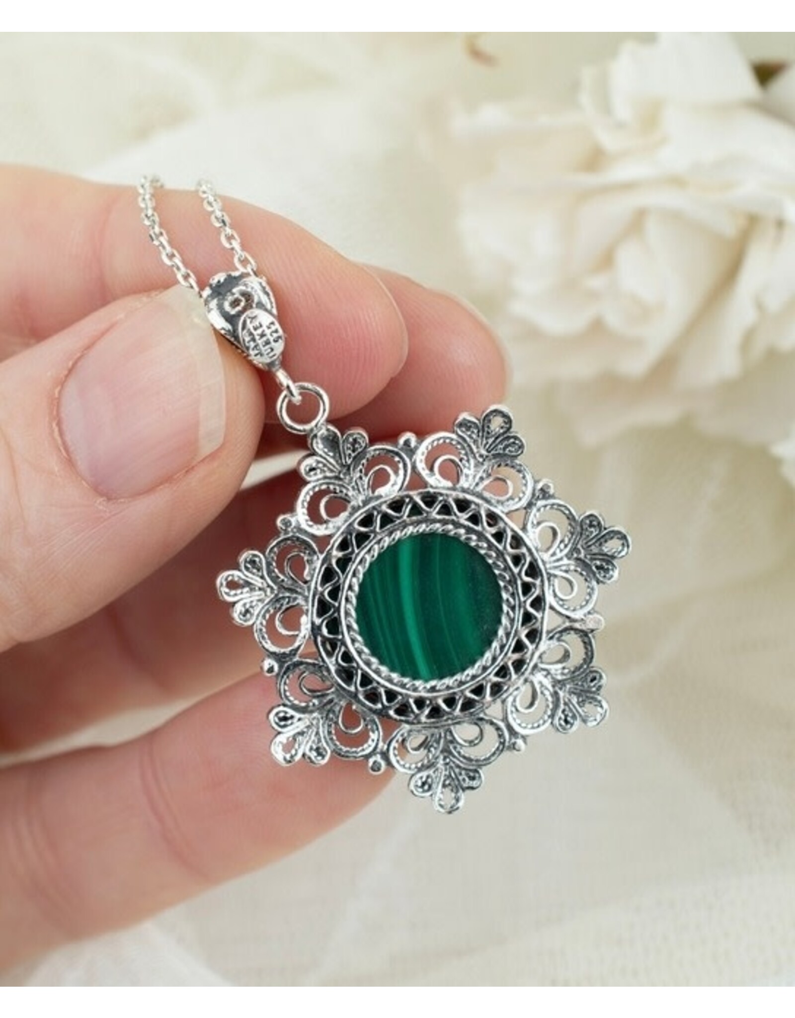 Malachite Filigree Sterling Silver Pendant Necklace