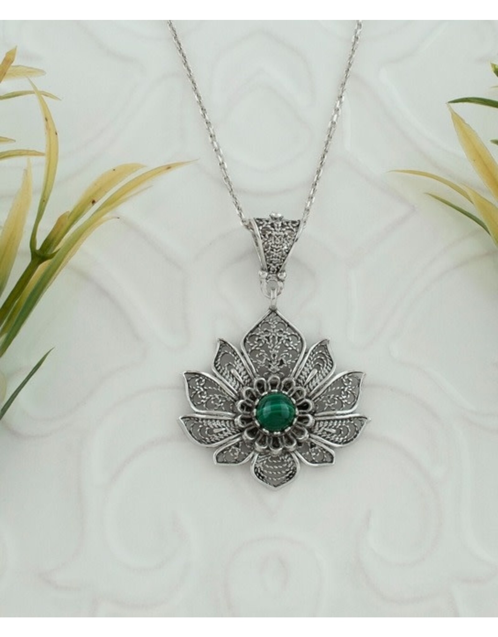 Malachite Sterling Silver Filigree Lotus Flower Necklace