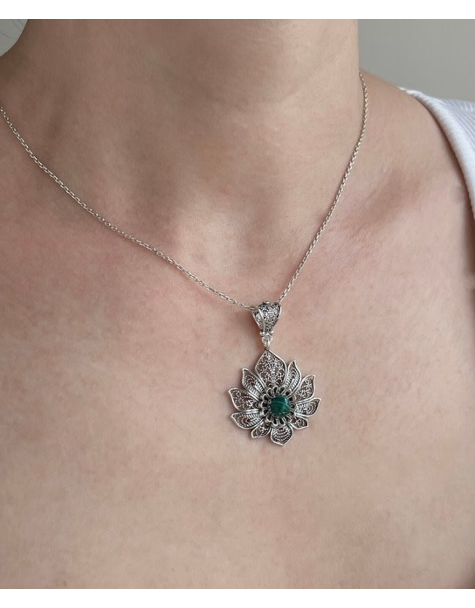 Malachite Sterling Silver Filigree Lotus Flower Necklace