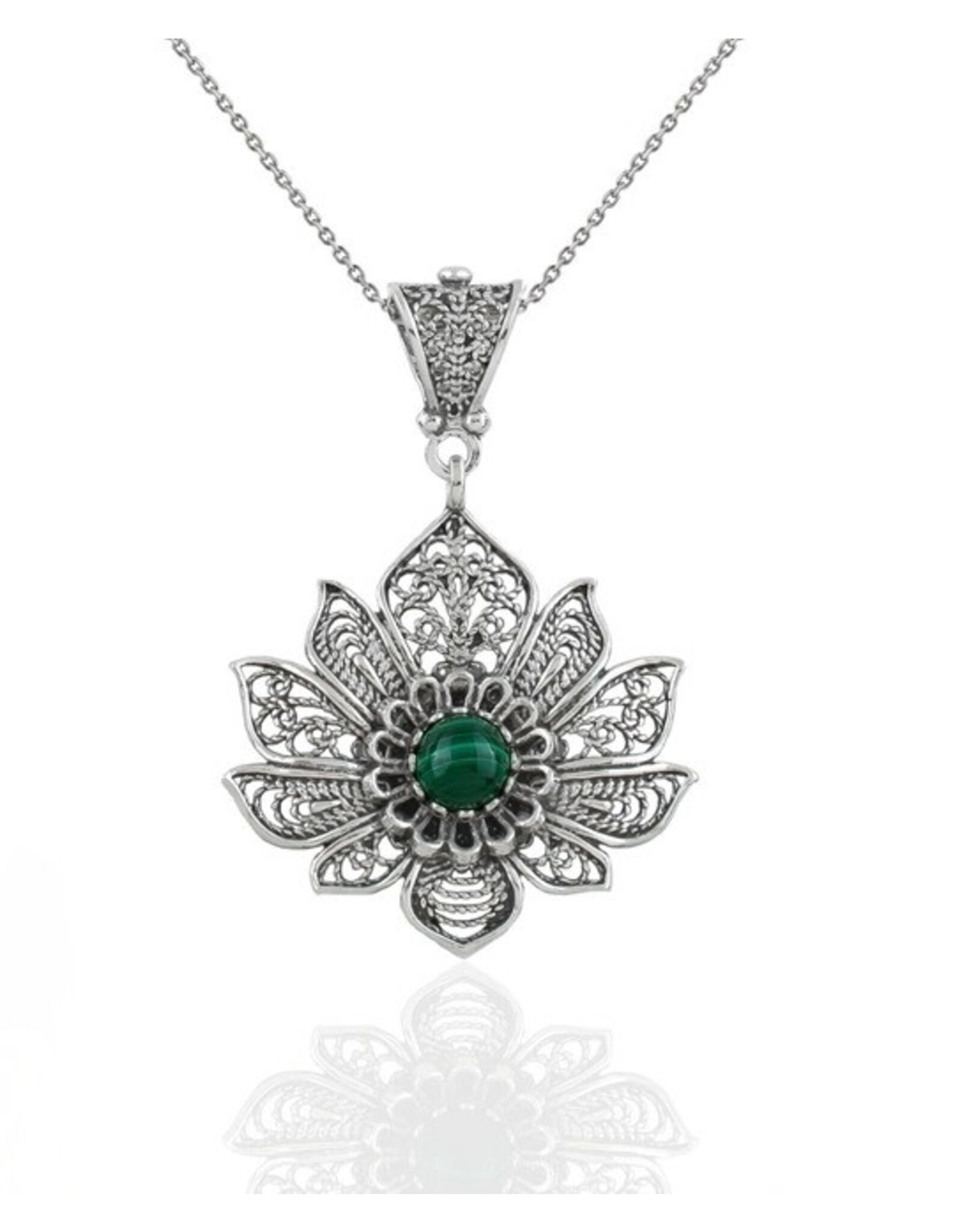 Malachite Sterling Silver Filigree Lotus Flower Necklace