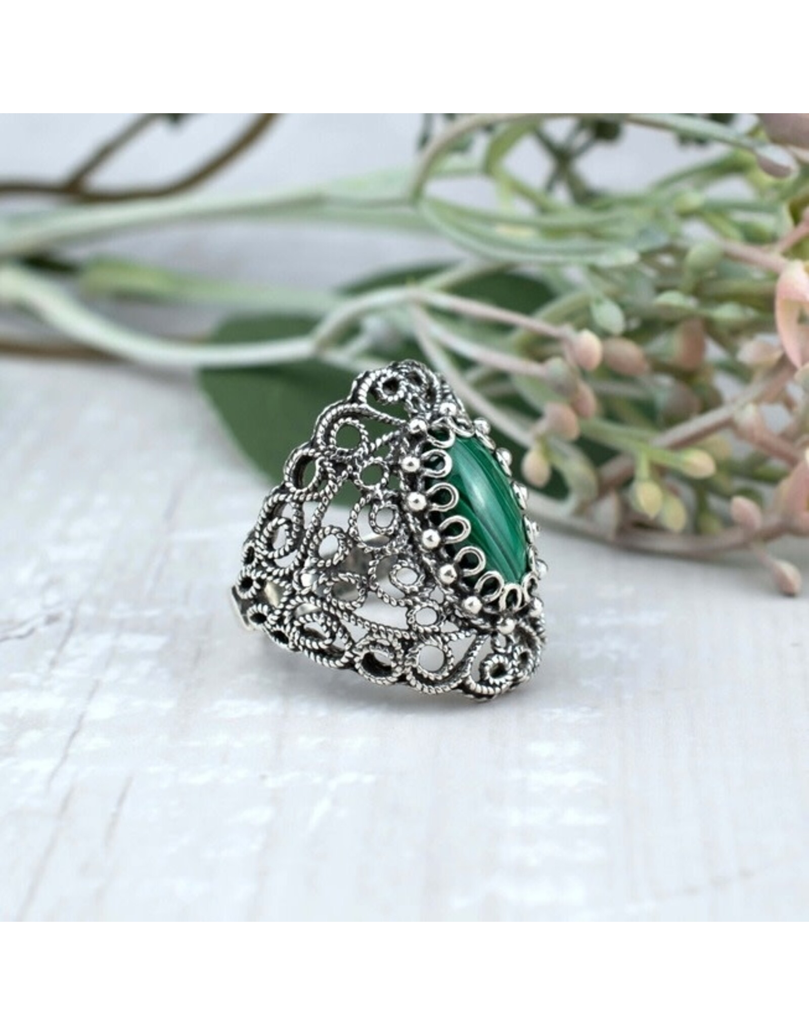 Malachite Filigree Sterling Silver Ring "Lace"  Size 7