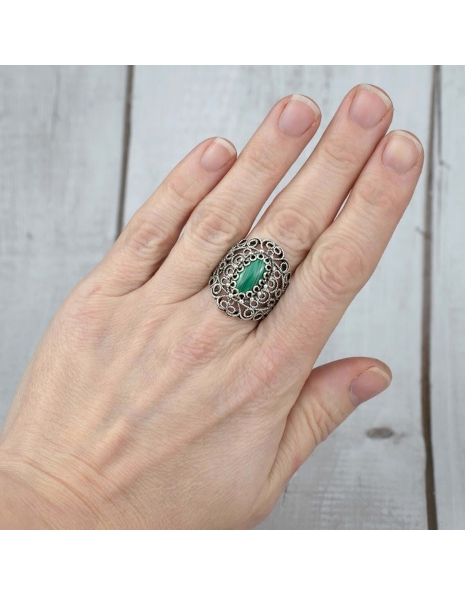 Malachite Filigree Sterling Silver Ring "Lace"  Size 7