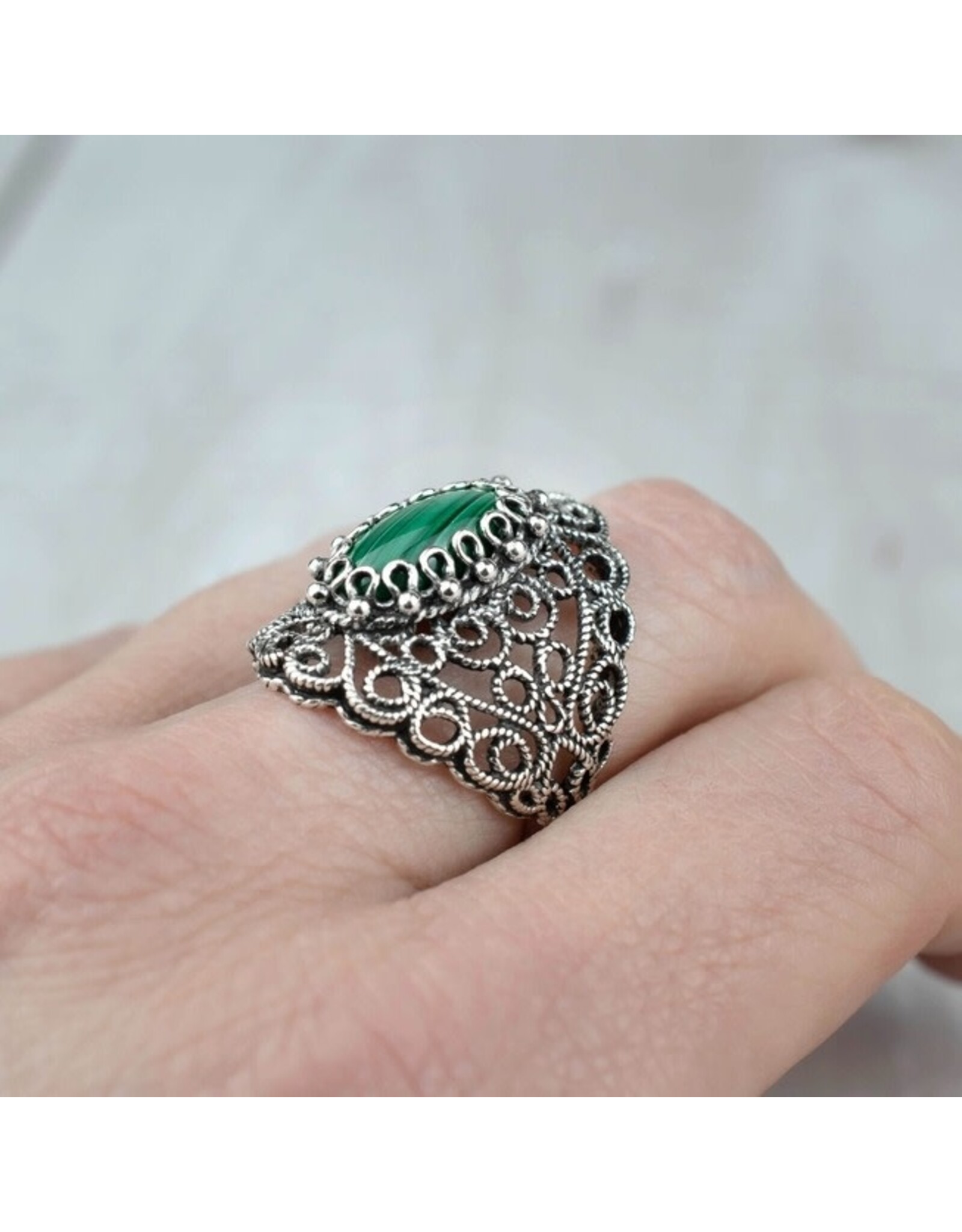 Malachite Filigree Sterling Silver Ring "Lace"  Size 7