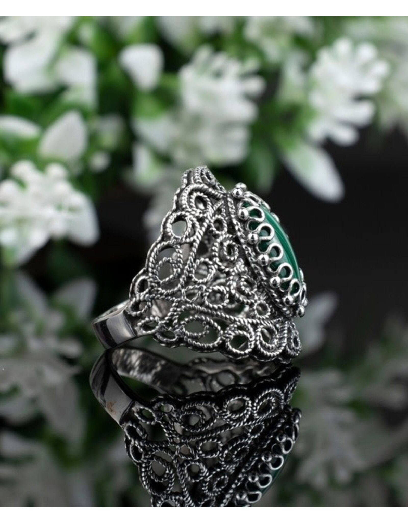 Malachite Filigree Sterling Silver Ring "Lace"  Size 8