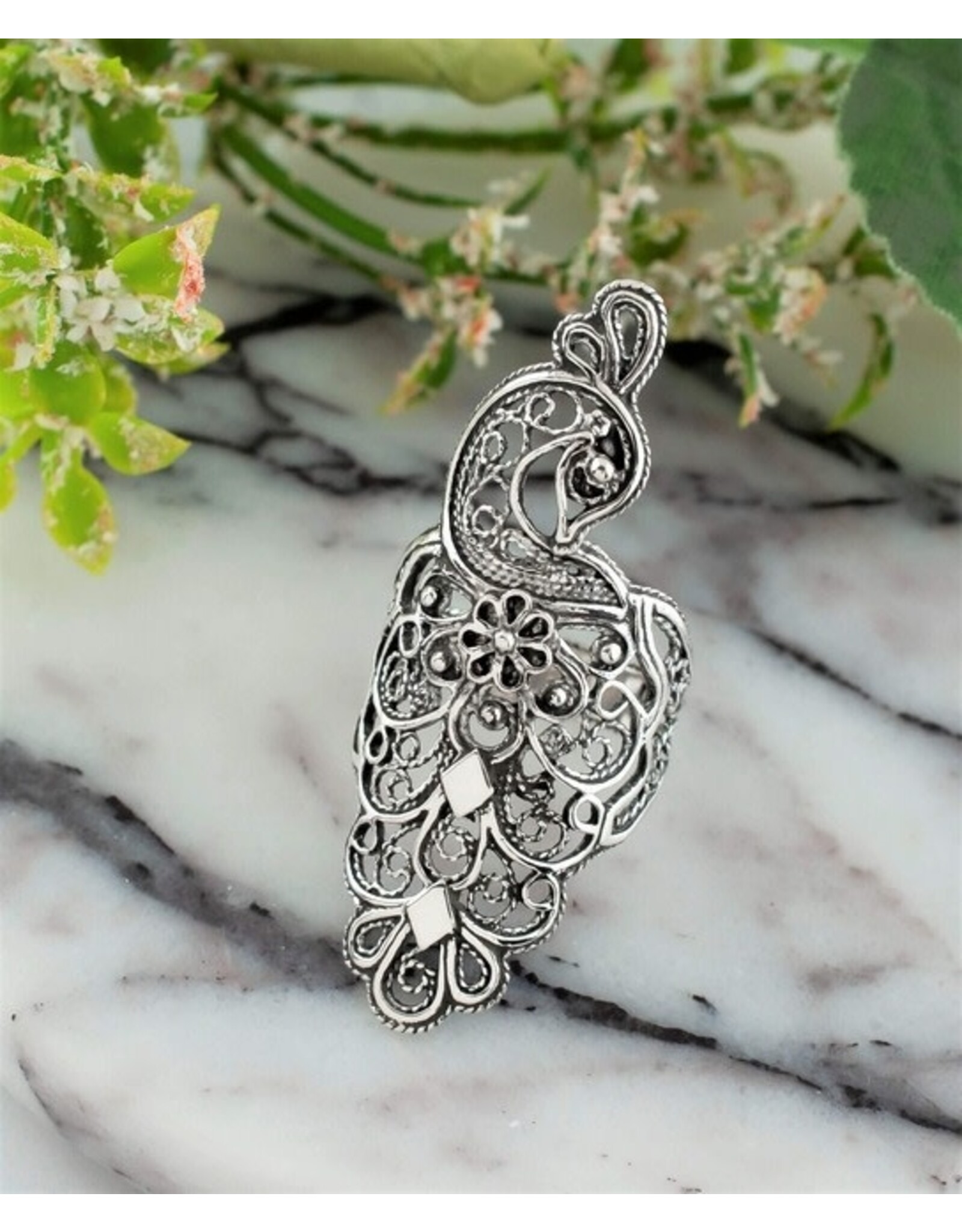 Peacock Filigree Sterling Silver Ring Size 9