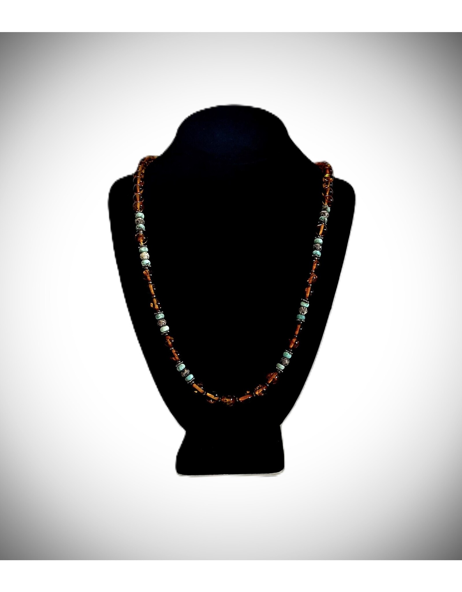 Amber and Turquoise Beaded Sterling Silver Necklace