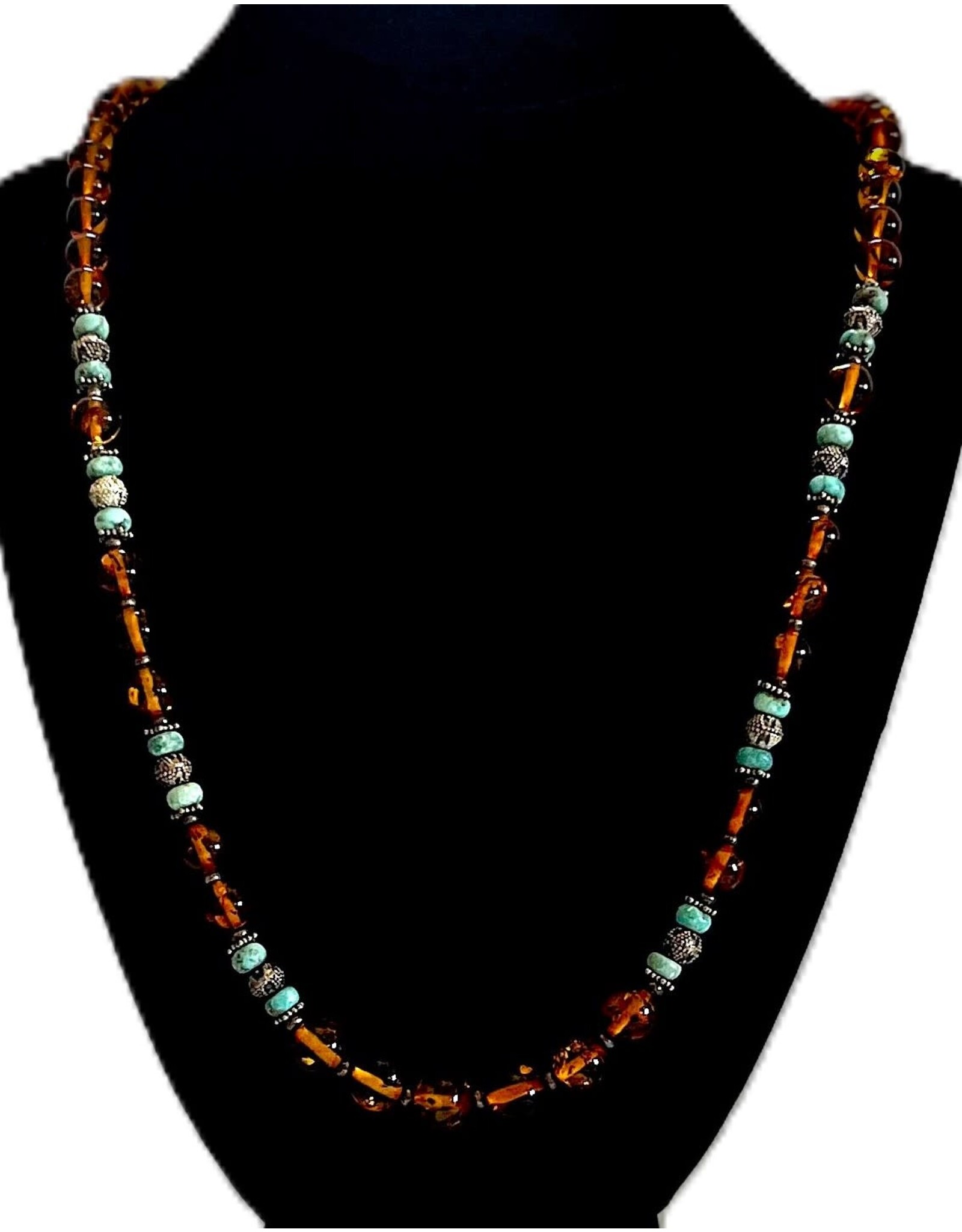 Amber and Turquoise Beaded Sterling Silver Necklace