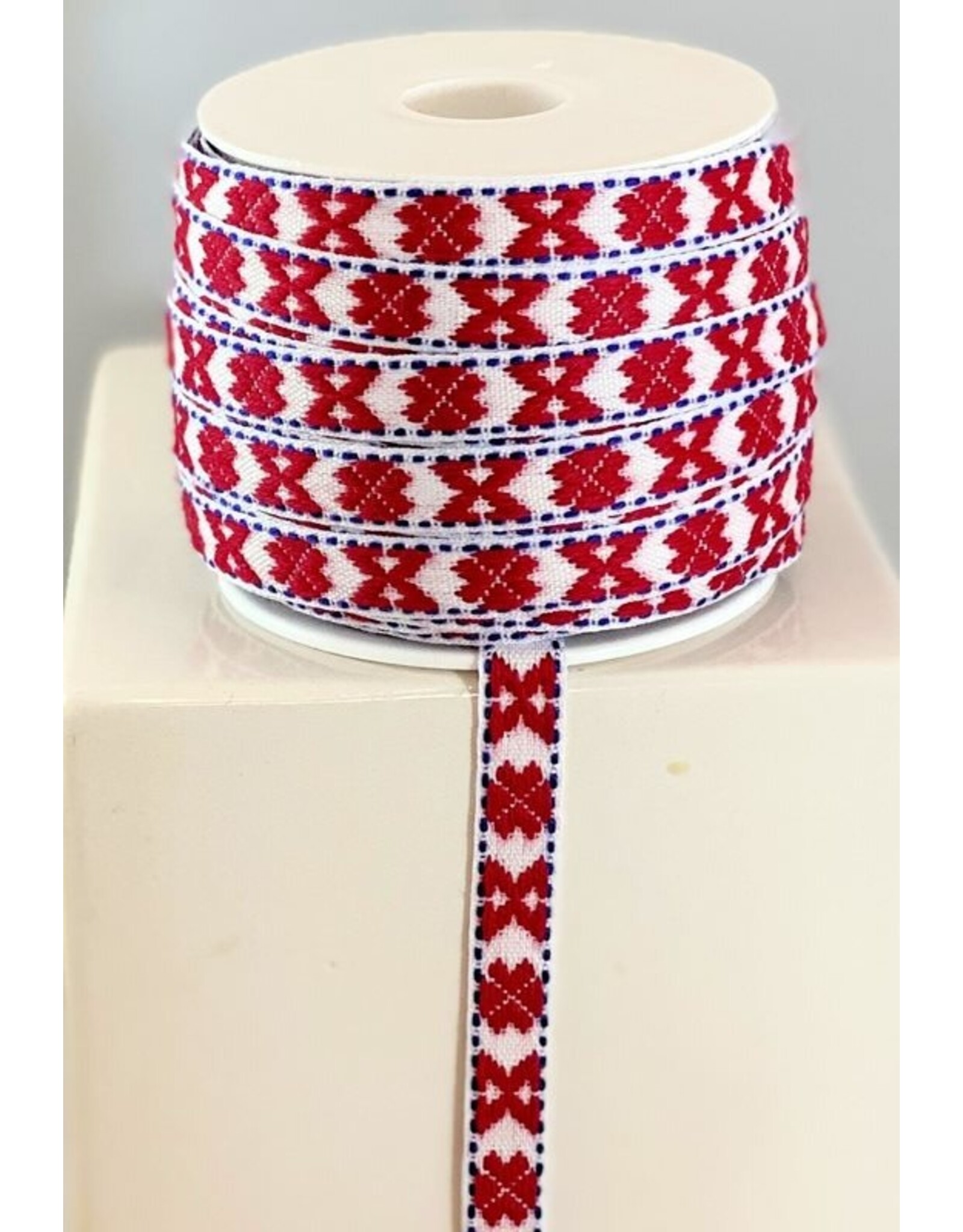 Red Pattern on White Folk Art Ribbon