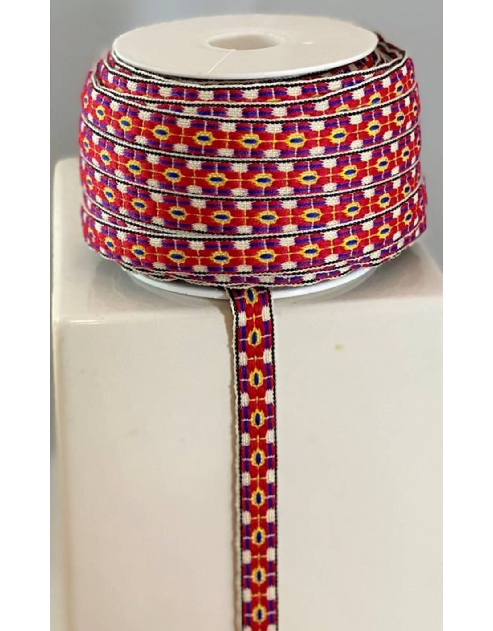 Red, Yellow, Blue Pattern Folk Art Ribbon on White