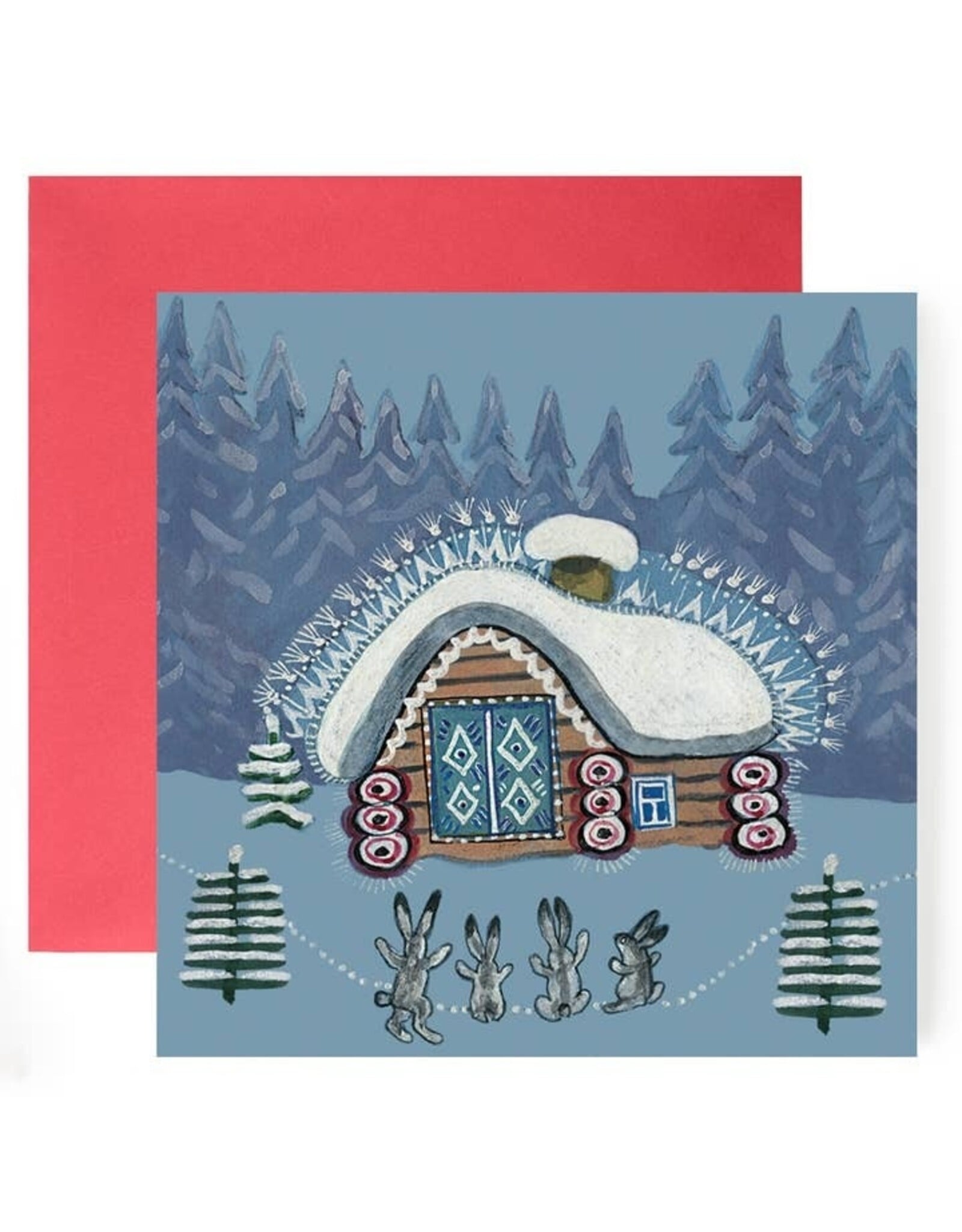Winter Bunnies in Snow Folk Art Holiday Card