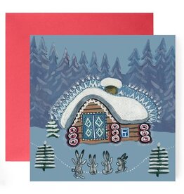 Winter Bunnies in Snow Folk Art Holiday Card