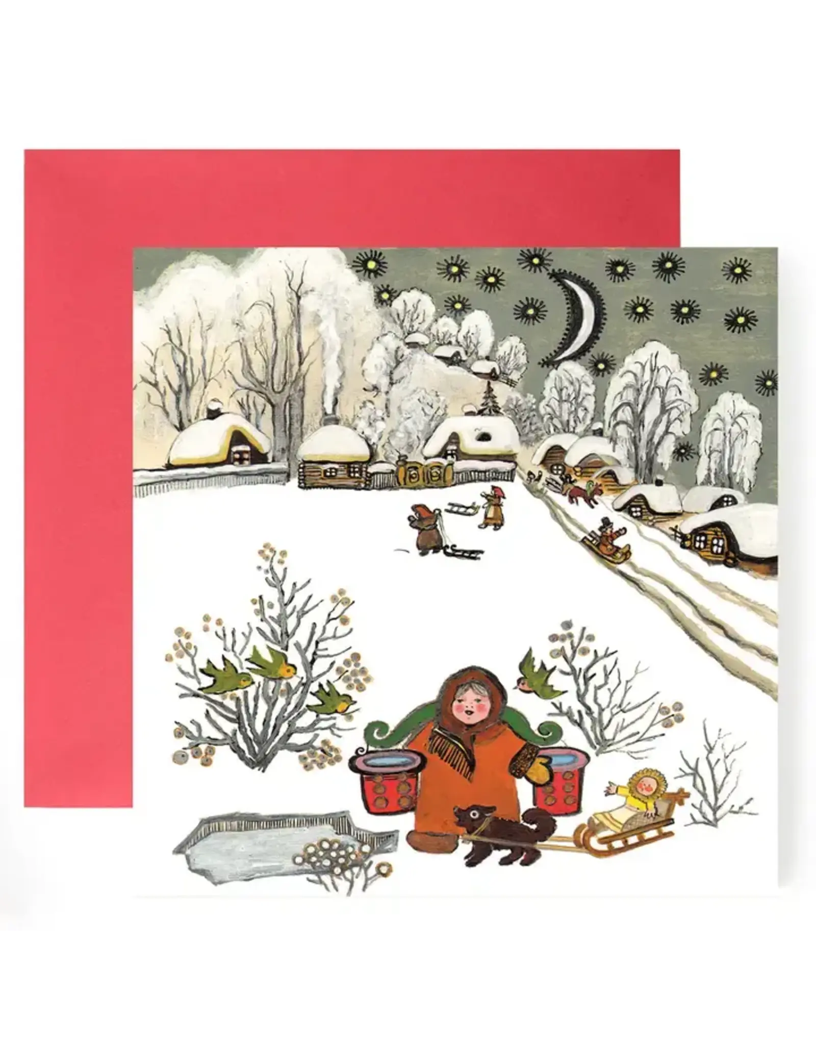 Girl Fetching Water Folk Art Holiday Card