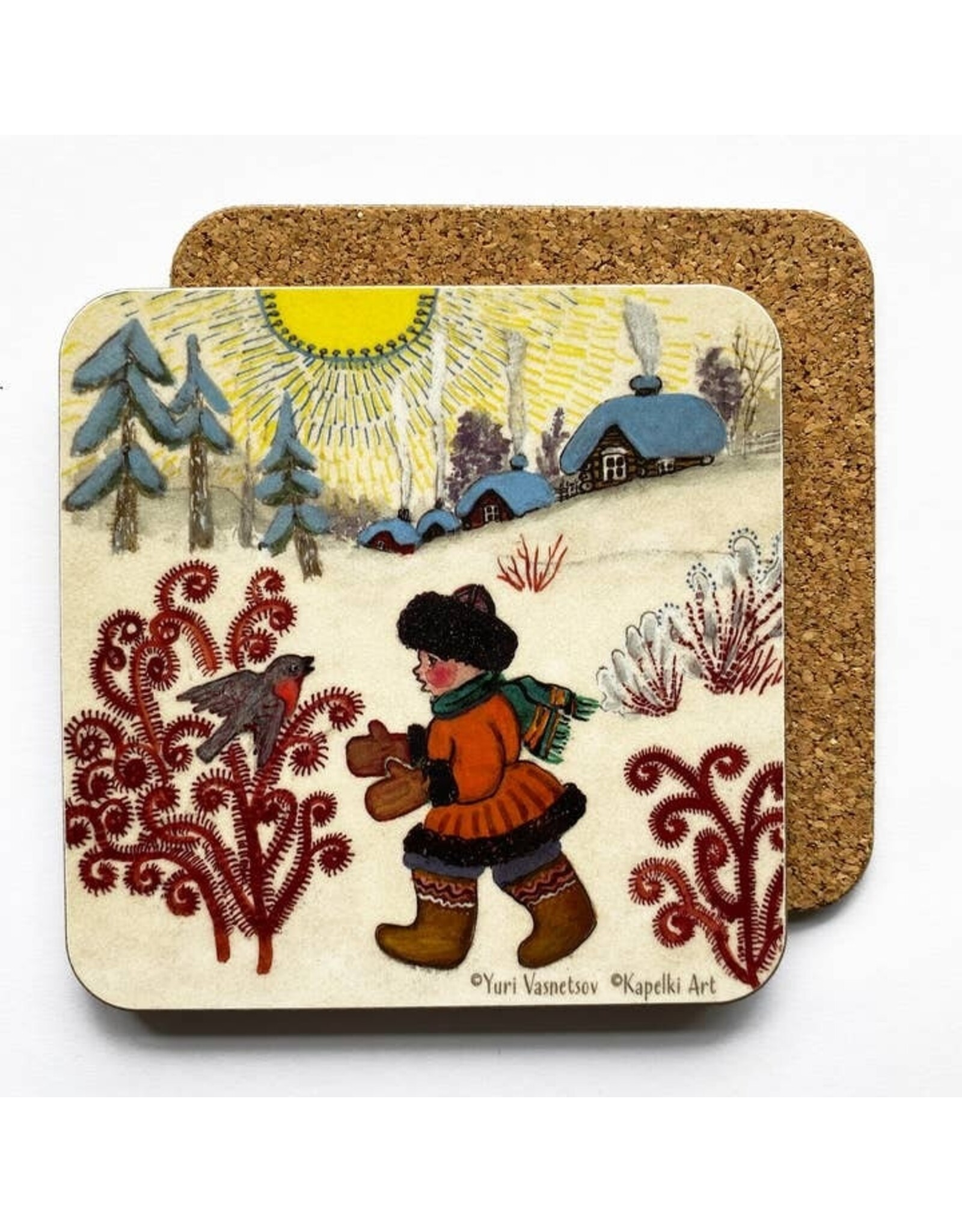 Boy in Winter Folk Art Coaster