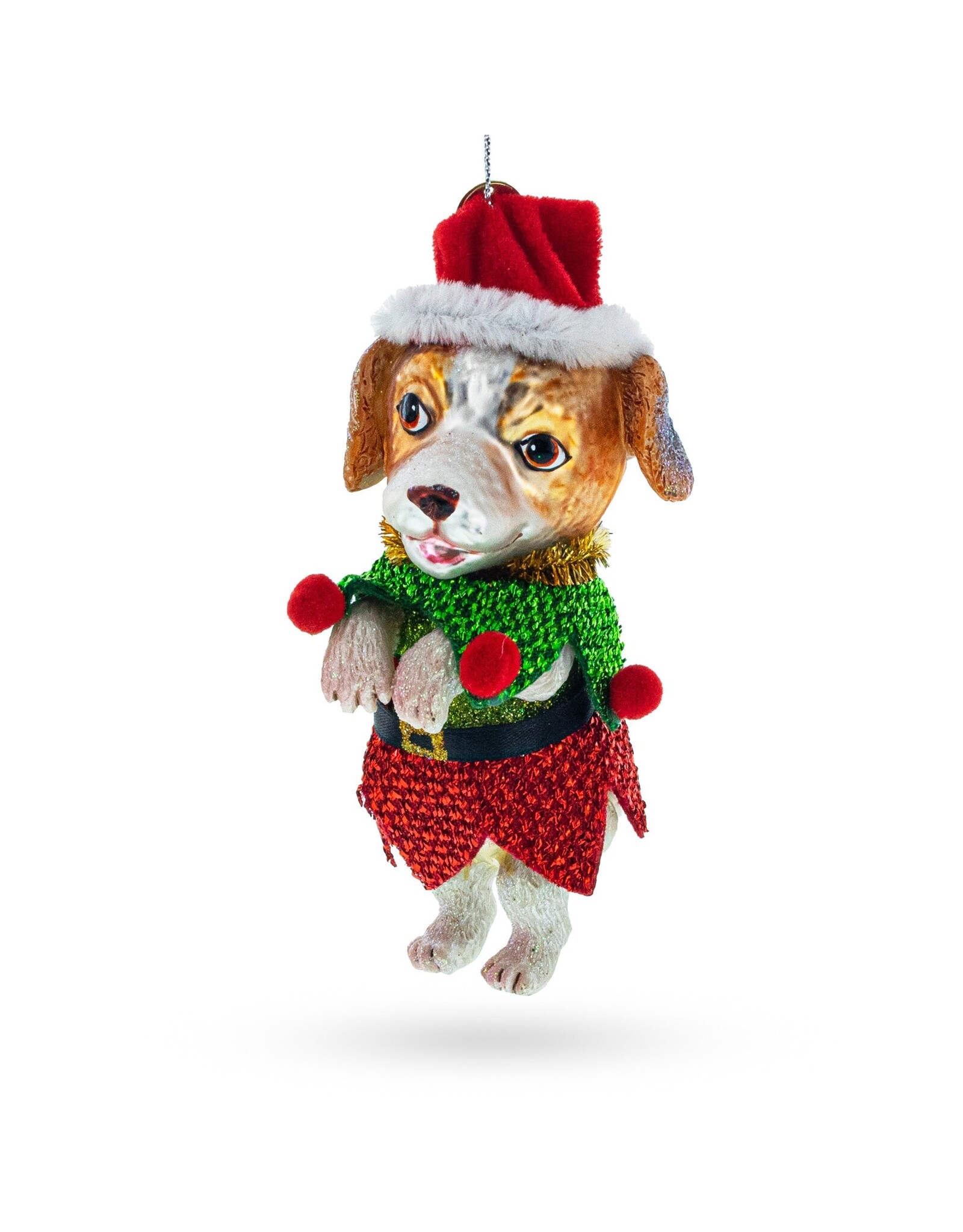 Dog in Elf Costume Glass Ornament