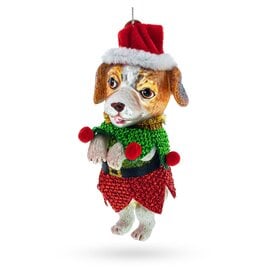 Dog in Elf Costume Glass Ornament